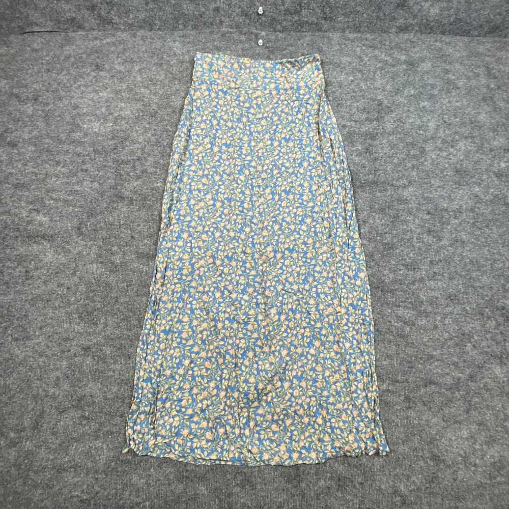 Billabong Blue Floral Smocked Back Maxi Skirt Womens Medium Side Slit Long Boho